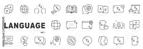Set of language related line icons. Translator, talk, global etc. Editable stroke.