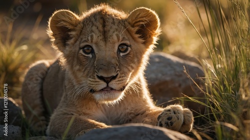 A close-up of a young lion cub resting on rocks in a sunlit grassy area.