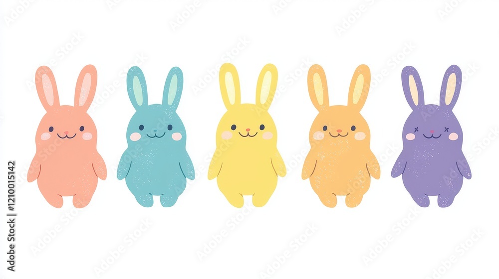 Cute Simple Illustration of Short Chubby Smiling Bunny Characters in Colorful Pastel Shades for Kids’ Decor