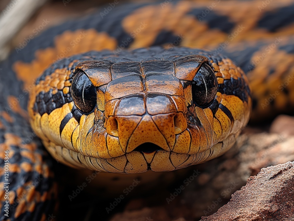Close up of a snake with orange and black scales showing intricate details of its head and eyes Close up of a snake with orange and black scales showing intricate details of its head and eyes