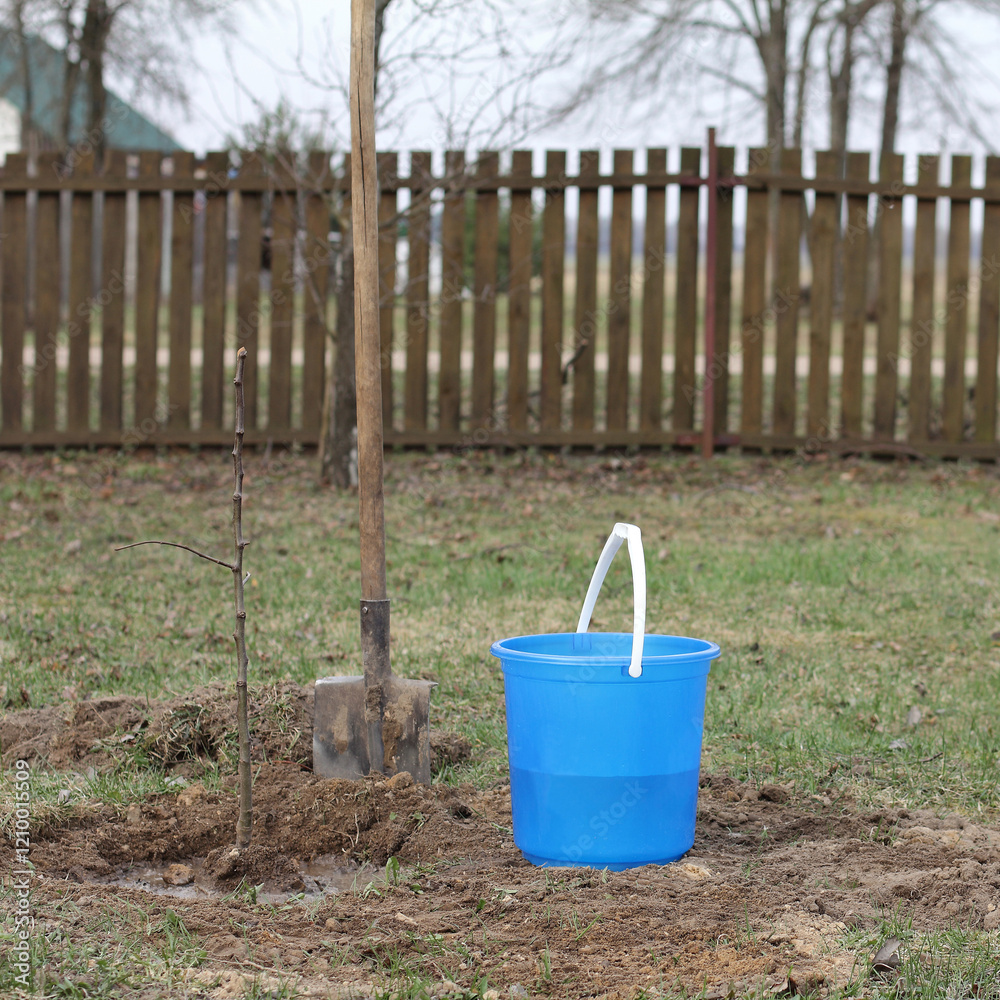 fruit tree seedling and half a bucket of water with a shovel against the background of a fence. planted tree in the garden fruit tree seedling and half a bucket of water with a shovel against the background of a fence. planted tree in the garden