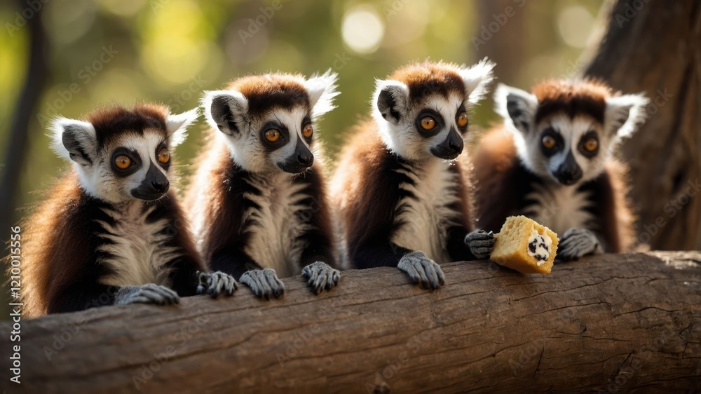 Obraz premium Four lemurs sitting on a log, observing their surroundings while one holds a piece of food.