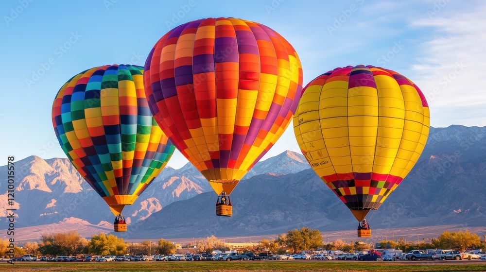 Fototapeta premium Colorful Hot Air Balloons Floating Over Majestic Mountain Landscape