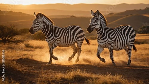 Two zebras running in a golden landscape during sunset, showcasing wildlife in nature.