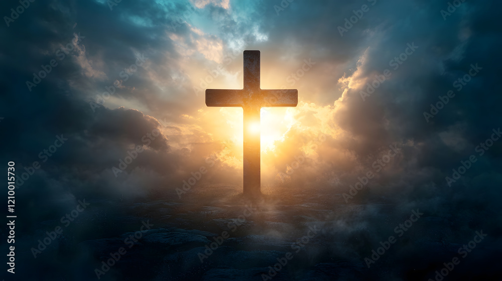 Majestic cross silhouetted against dramatic sunset sky with sun rays creating a spiritual and uplifting scene : Generative AI