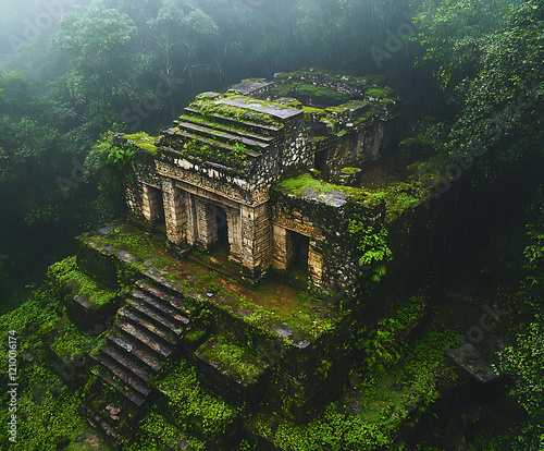 Ancient ruins of mysterious civilization surrounded by lush greenery and mist. structure features stone steps and intricate carvings, evoking sense of history and wonder photo