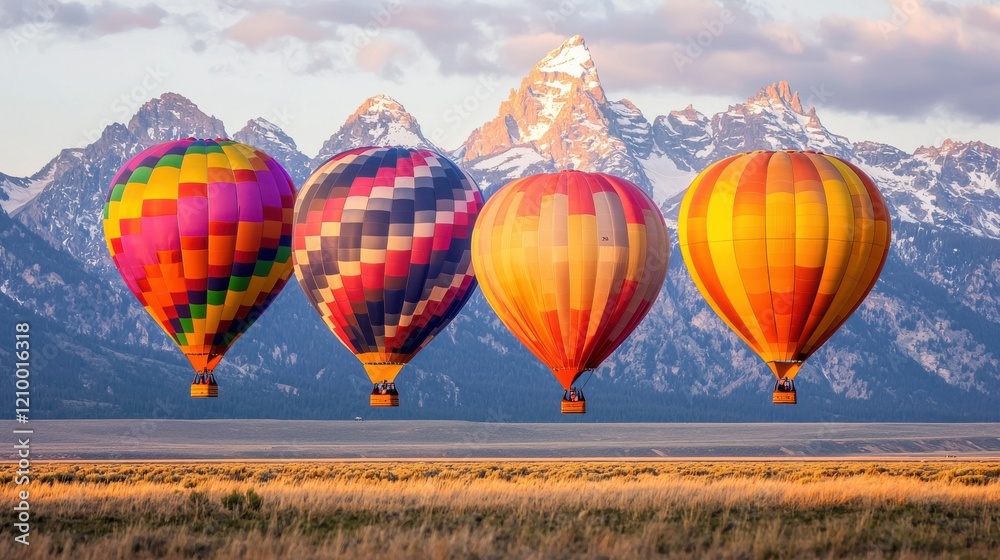 Fototapeta premium Stunning Panoramic View of Majestic Mountain Peaks with Vibrant Colorful Hot Air Balloons Floating in Serene Atmospheric Sky
