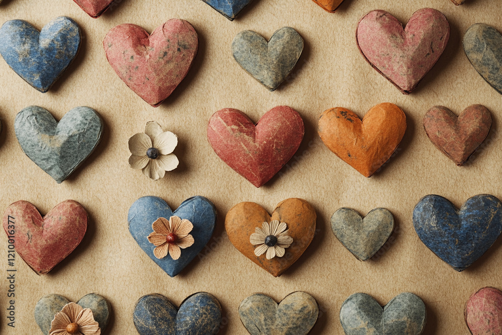 Colorful heart shapes arranged on textured surface with delicate floral accents for decorative purposes in a cozy setting Colorful heart shapes arranged on textured surface with delicate floral accents for decorative purposes in a cozy setting