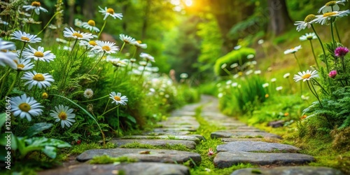 Ancient stone path with wildflowers, especially G?nsebl?mchen, surrounded by moss and foliage, moss, alpen, moss,alpen photo