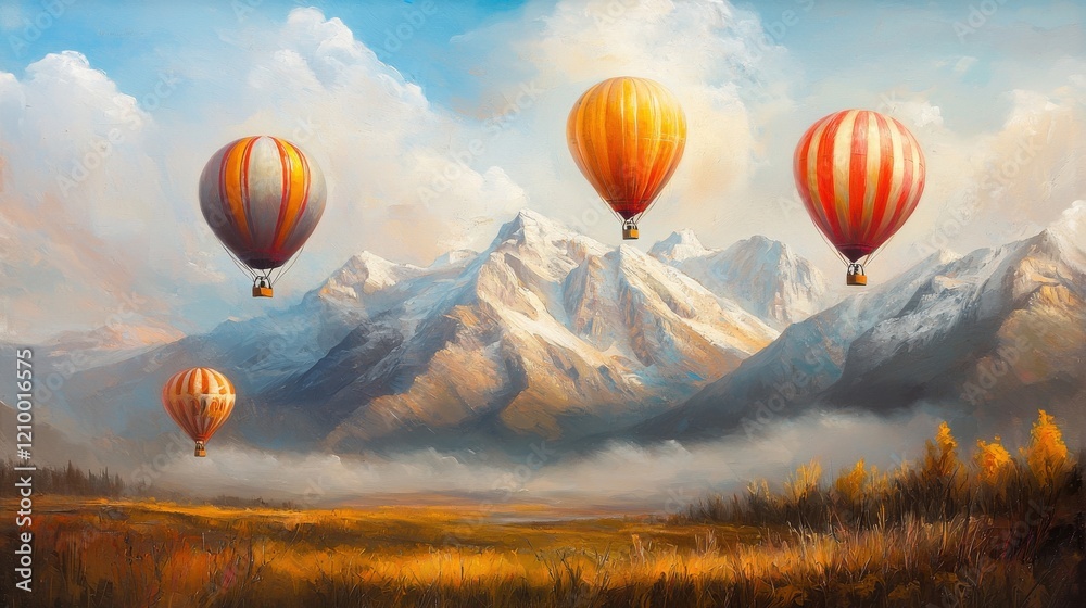 Obraz premium Majestic hot air balloons soaring over breathtaking mountainous landscape on a serene and picturesque day