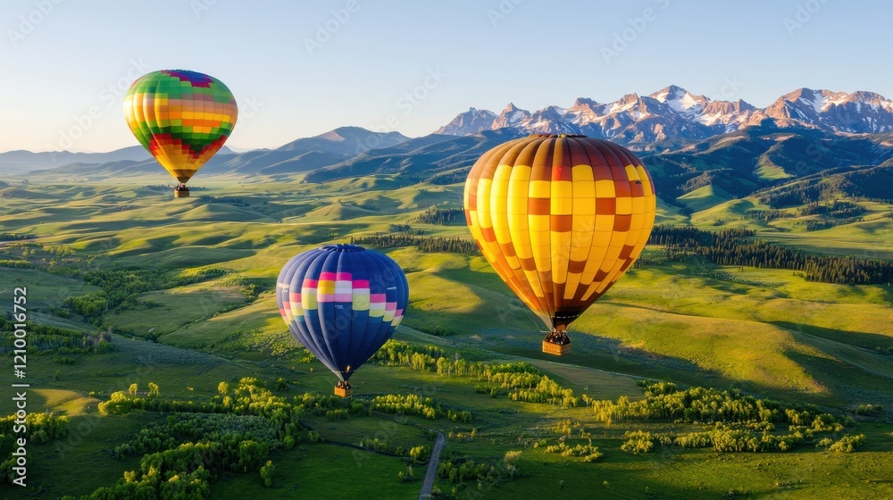 Fototapeta premium Colorful Hot Air Balloons Soaring Over Scenic Mountainous Landscape with Lush Green Fields