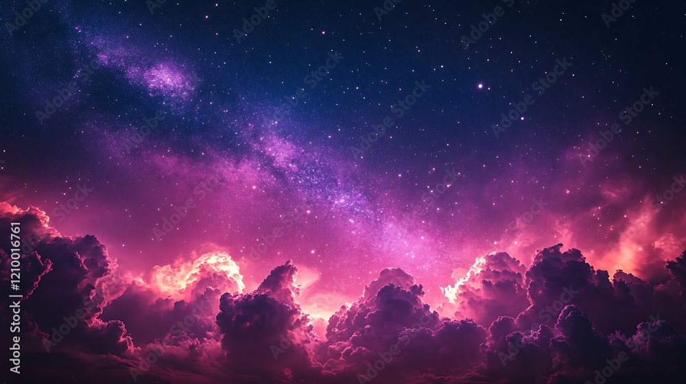 Naklejka premium Cosmic Dreamscape: A breathtaking view of a vibrant, pink and purple nebula swirling amidst fluffy clouds, creating a surreal and dreamy night sky. Countless stars twinkle in the cosmic expanse.