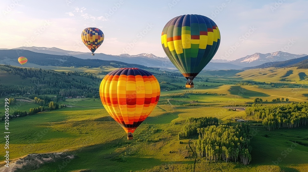 Fototapeta premium Breathtaking Aerial View of Hot Air Balloons Floating over Picturesque Mountainous Landscape at Sunrise