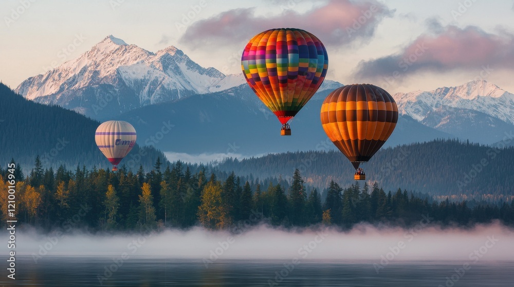 Naklejka premium Colorful Hot Air Balloons Floating Above Majestic Mountain Landscape on Sunny Summer Day
