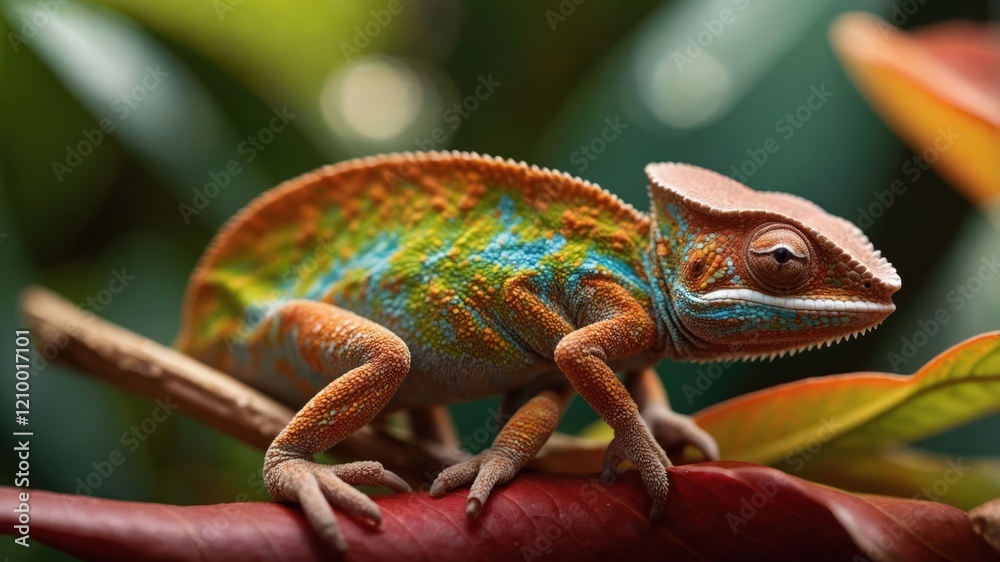 A vibrant chameleon perched on a colorful leaf in a lush environment. A vibrant chameleon perched on a colorful leaf in a lush environment.