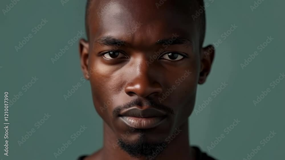 Intense Portrait of a Young Adult Man with a Serious Expression and Smooth Skin Against a Soft Green Background, Showcasing Masculinity and Strength Intense Portrait of a Young Adult Man with a Serious Expression and Smooth Skin Against a Soft Green Background, Showcasing Masculinity and Strength