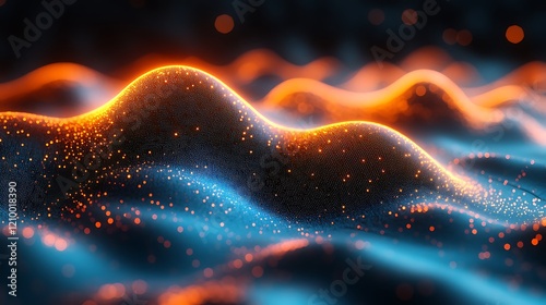 Abstract Glowing Landscape: A mesmerizing abstract landscape of glowing particles and undulating forms, with vibrant orange and teal hues creating a dynamic and otherworldly scene.  