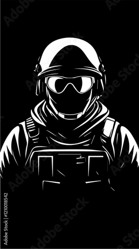 Black and white flat illustration of police special forces. SWAT. Man in police uniform.