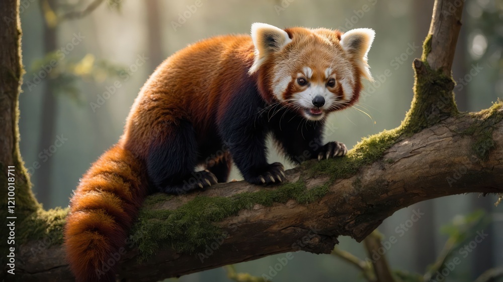Fototapeta premium A red panda perched on a mossy branch in a forest setting.