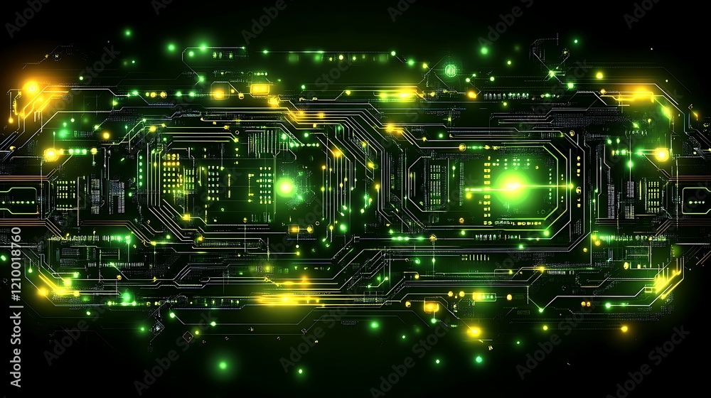 Cybernetic Circuitry: Abstract illustration of a futuristic circuit board with glowing green and yellow nodes, pulsating with energy and data flow. A mesmerizing display of technology and innovation.