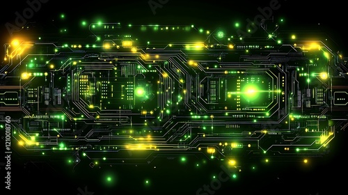 Obraz na płótnie Cybernetic Circuitry: Abstract illustration of a futuristic circuit board with glowing green and yellow nodes, pulsating with energy and data flow. A mesmerizing display of technology and innovation. w salonie