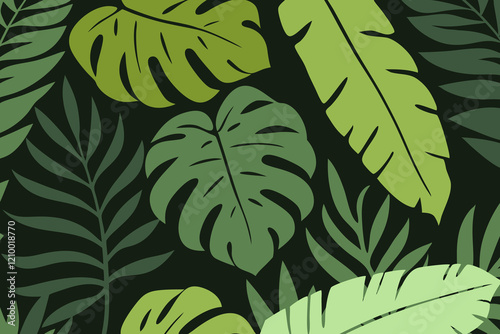 Green tropical leaves create an abstract design. Minimalistic trendy background.