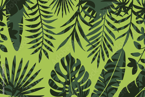 Green tropical leaves create an abstract design. Minimalistic trendy background.