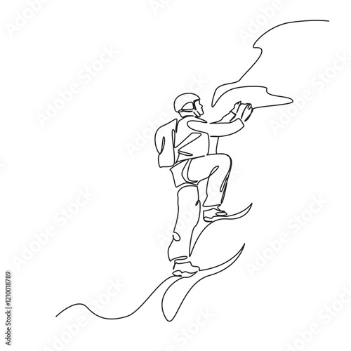 One continuous single drawing line art flat doodle mountain, outdoors, climbing,  adventure, mountain climbing, sport climber. Isolated image hand draw contour on a white background, hand drawn, not A
