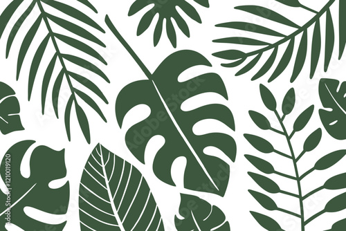 Green tropical leaves create an abstract design. Minimalistic trendy background.