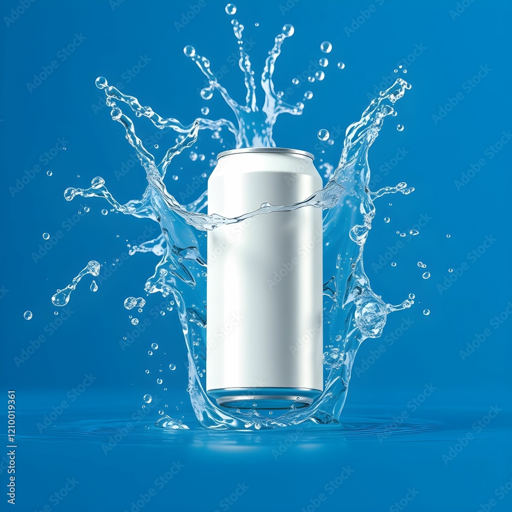 Aluminum soda can, water splash explosion, dynamic liquid motion, frozen moment, bright blue background, high-speed photography, product advertisement, refreshing beverage, metallic texture Aluminum soda can, water splash explosion, dynamic liquid motion, frozen moment, bright blue background, high-speed photography, product advertisement, refreshing beverage, metallic texture
