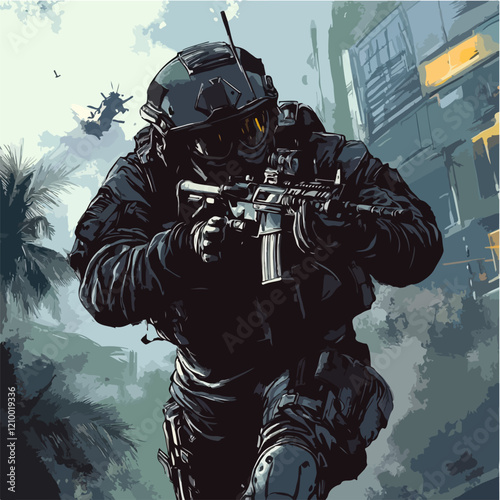 Flat illustration of police special forces. SWAT. Man in police uniform.