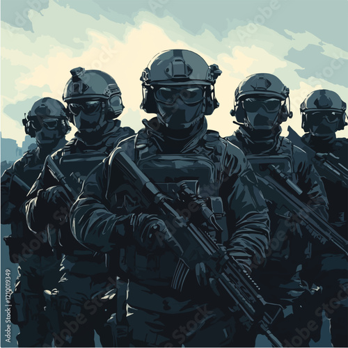 Flat illustration of police special forces. SWAT. Man in police uniform.