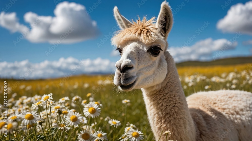 Obraz premium A close-up of a llama in a field of flowers under a blue sky with fluffy clouds.