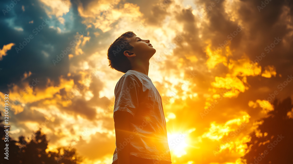 Young Boy Looking Upwards in Awe Against a Magnificent Sunset Sky : Generative AI