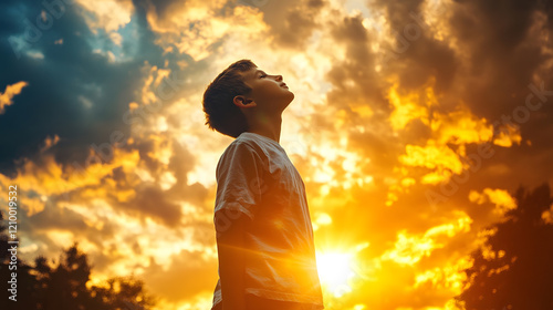 Obraz na płótnie Young Boy Looking Upwards in Awe Against a Magnificent Sunset Sky : Generative AI w salonie