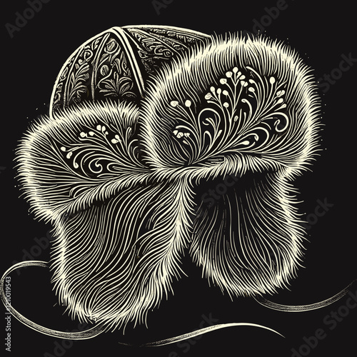 Illuminated furry hat with intricate design on black background
