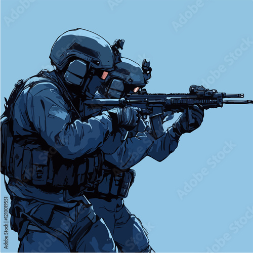 Flat illustration of police special forces. SWAT. Man in police uniform.