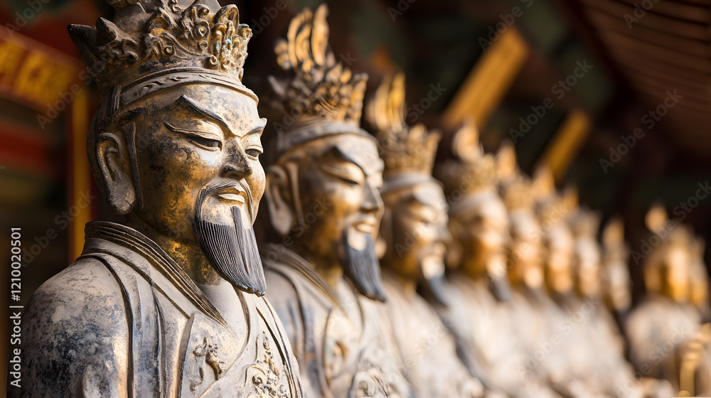 Fototapeta premium Row of Golden Buddha Figures Signifying Wealth and Prosperity in Spiritual Art : Generative AI