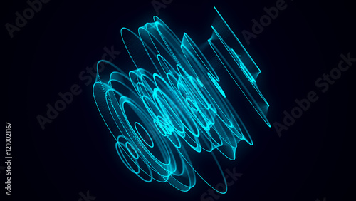 Abstract blue sphere with connecting dots and lines. Wireframe technology sphere of particles. Big data visualization. 3d rendering.