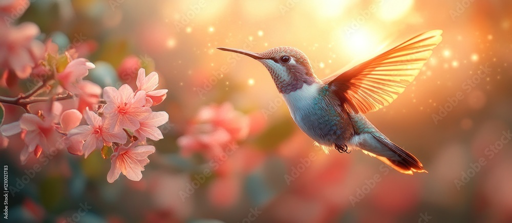 Fototapeta premium Hummingbird sunset flight, spring blossoms, garden