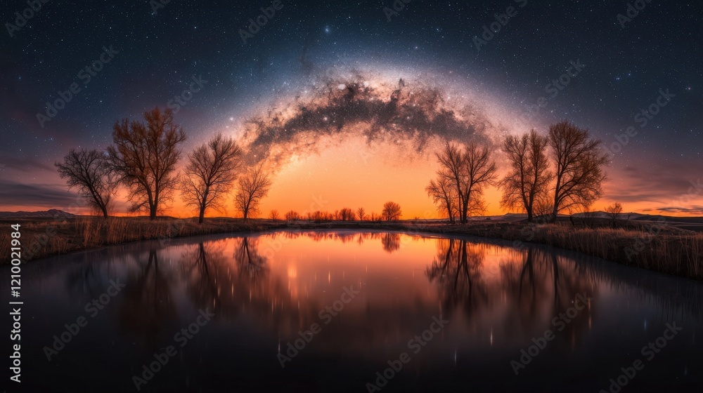 Naklejka premium Serene Sunset Reflection on Tranquil Lake with Majestic Silhouetted Trees
