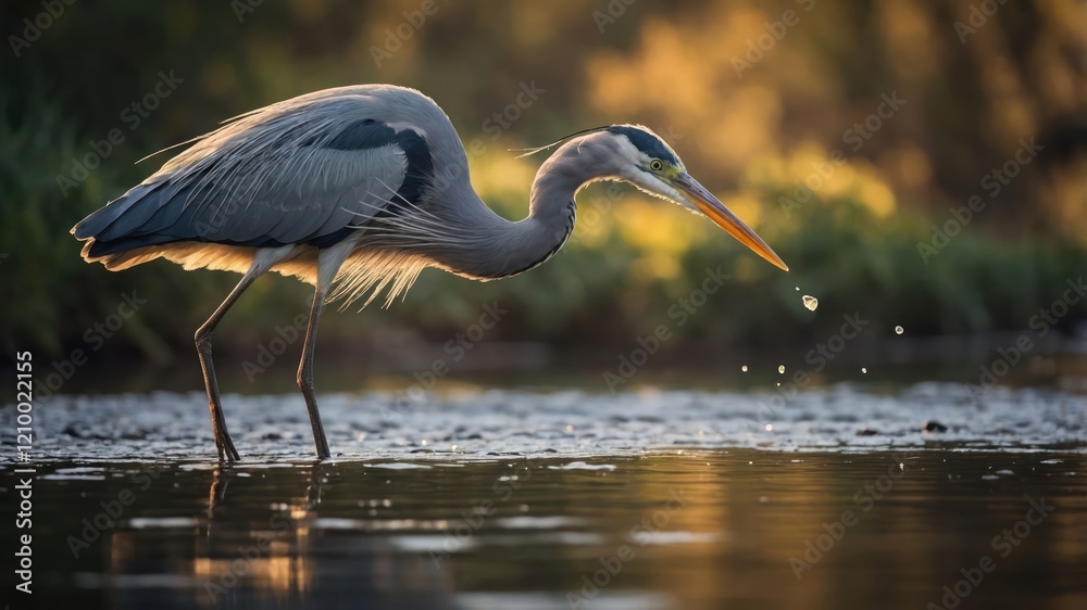 Obraz premium A majestic heron wading in water, capturing droplets in a serene natural setting.