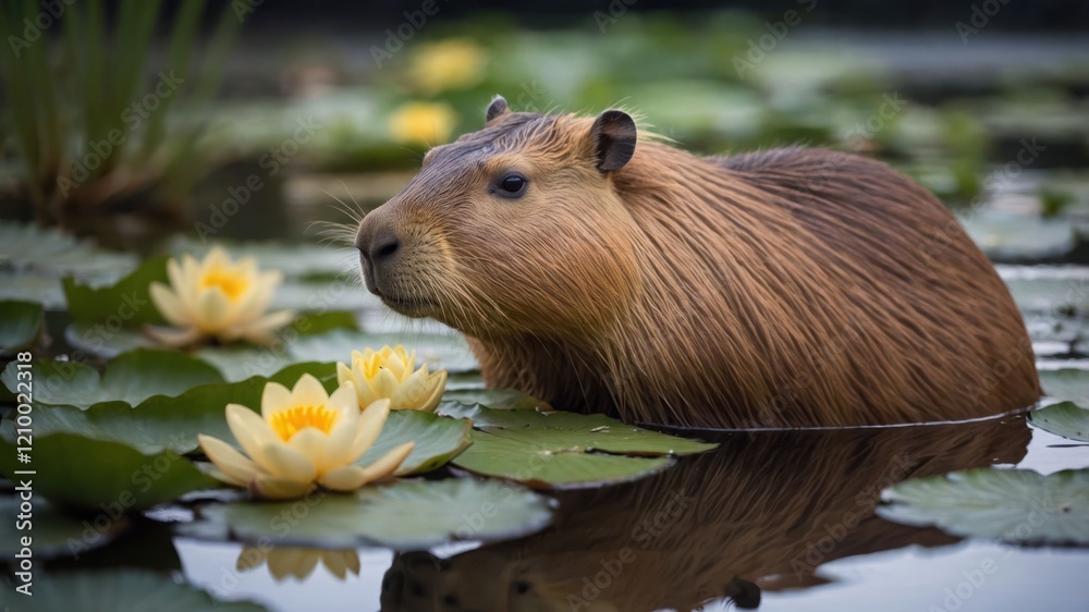 A capybara rests among water lilies in a serene pond setting. A capybara rests among water lilies in a serene pond setting.