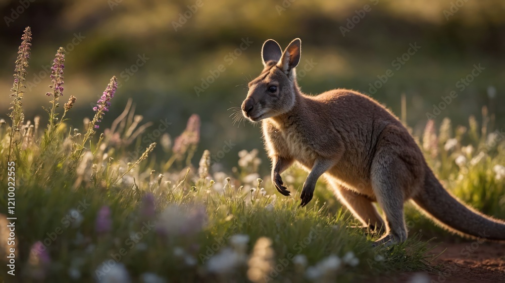 A kangaroo hops through a field of flowers during golden hour, showcasing natural beauty. A kangaroo hops through a field of flowers during golden hour, showcasing natural beauty.