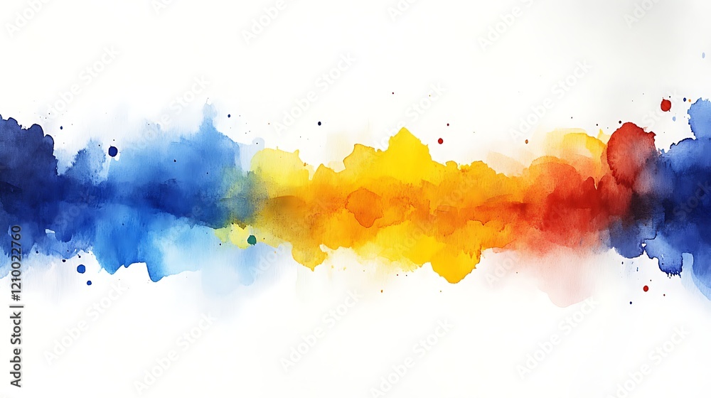 Fototapeta premium Abstract Watercolor Wash: A vibrant horizontal band of blue, yellow, and red watercolor washes blends seamlessly, creating a dynamic and energetic abstract art piece. The colors evoke warmth, energy.
