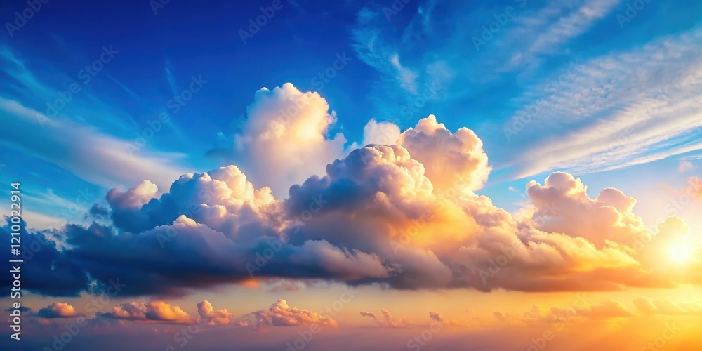 Softly glowing clouds float in the blue sky at sunrise, gentle hue, peaceful atmosphere Softly glowing clouds float in the blue sky at sunrise, gentle hue, peaceful atmosphere
