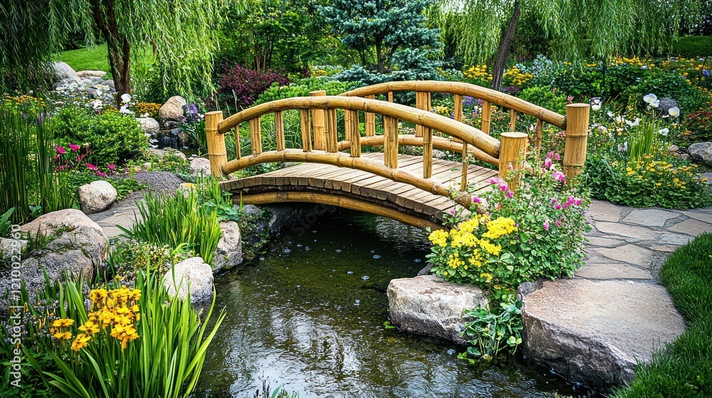 Fototapeta premium Serene Garden Bridge: A Peaceful Oasis