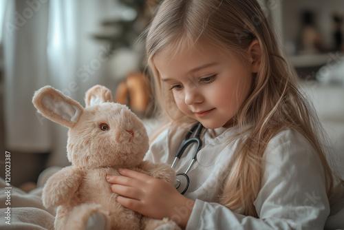 Cute five year old girl with a stethoscope plays doctor with a stuffed rabbit in a bright room. Children's games. Game in the profession. Child development through play