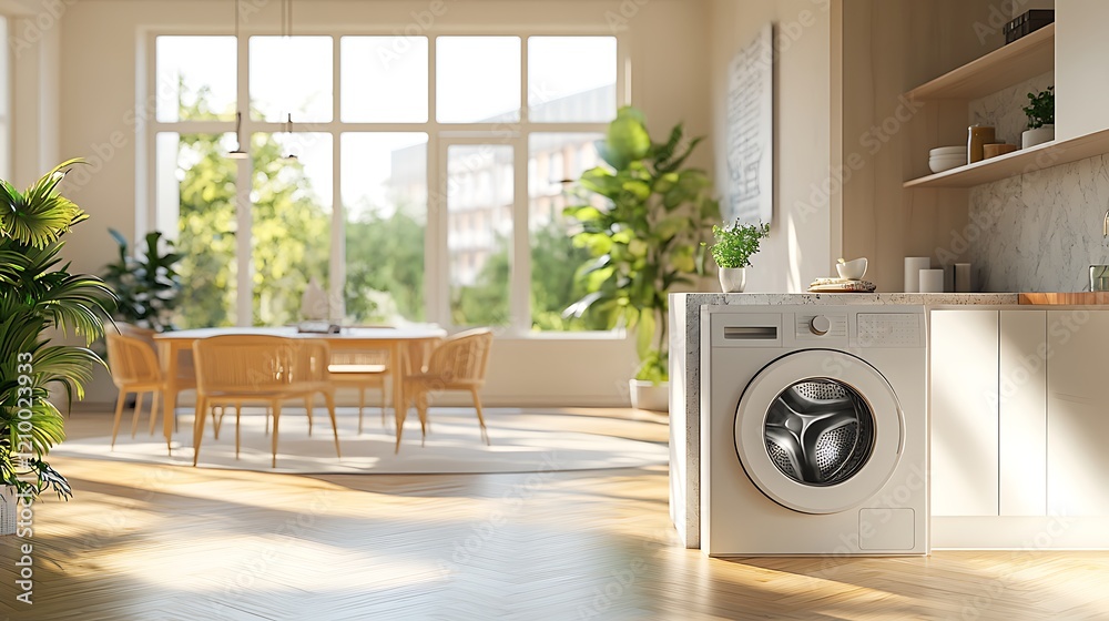 A white washing machine is placed in the center of an open kitchen. A dining table and chairs are situated next to it. A white washing machine is placed in the center of an open kitchen. A dining table and chairs are situated next to it.