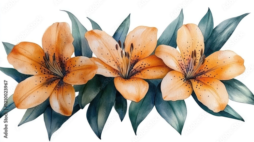 Obraz premium Orange lilies watercolor bouquet, floral design, white background